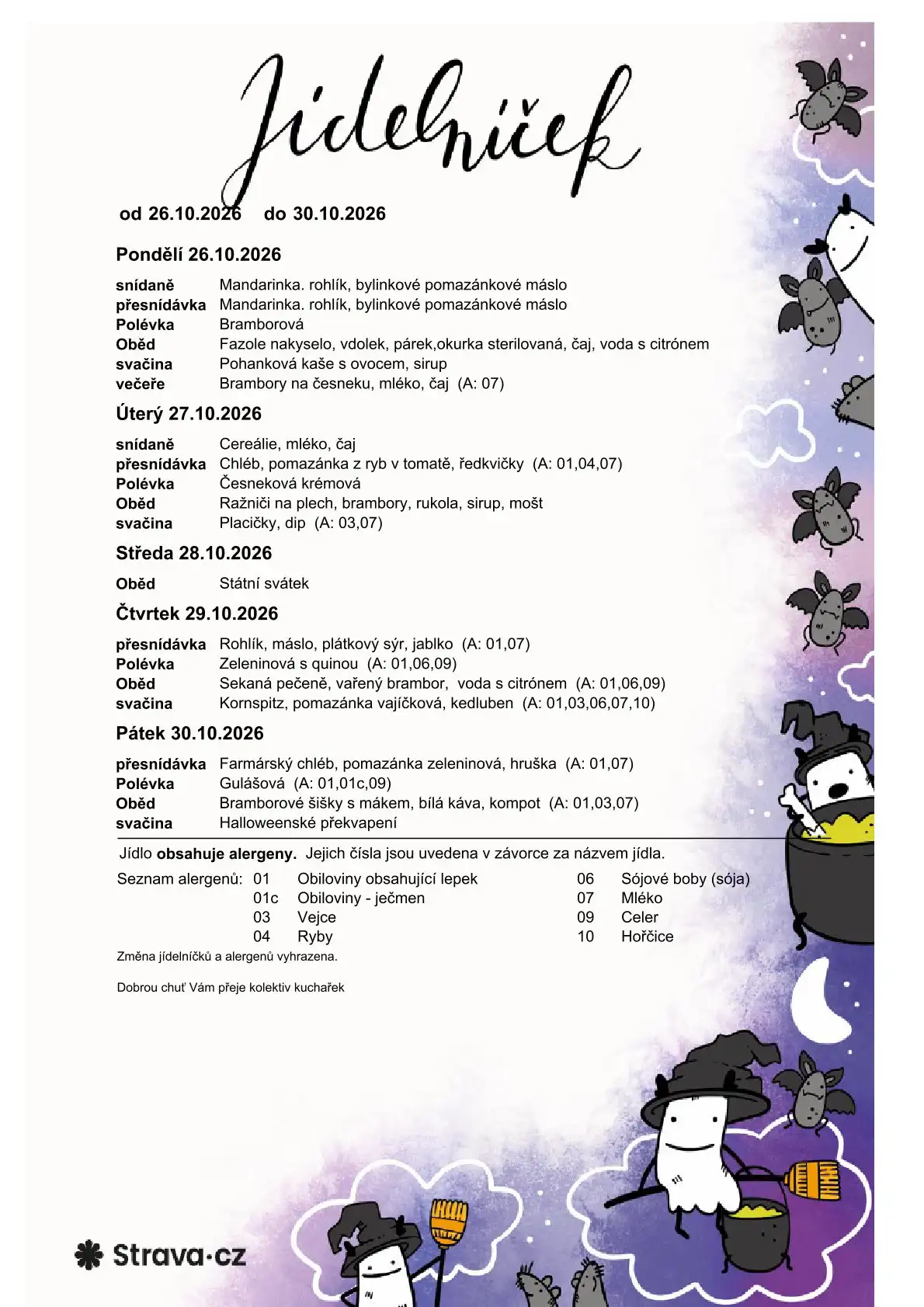 Jídelníček od 26.10.2026 - 30.10.2026